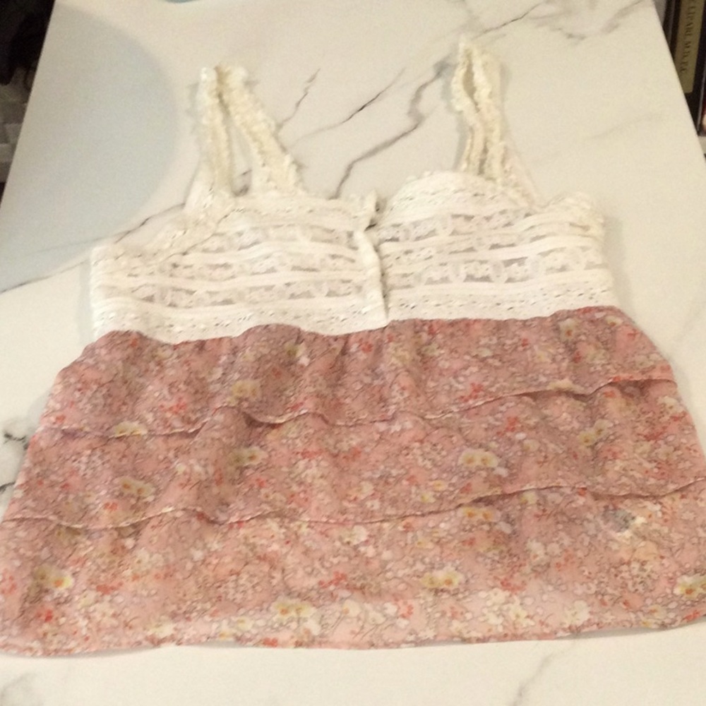 American Eagle white eyelet top with pink print, small.